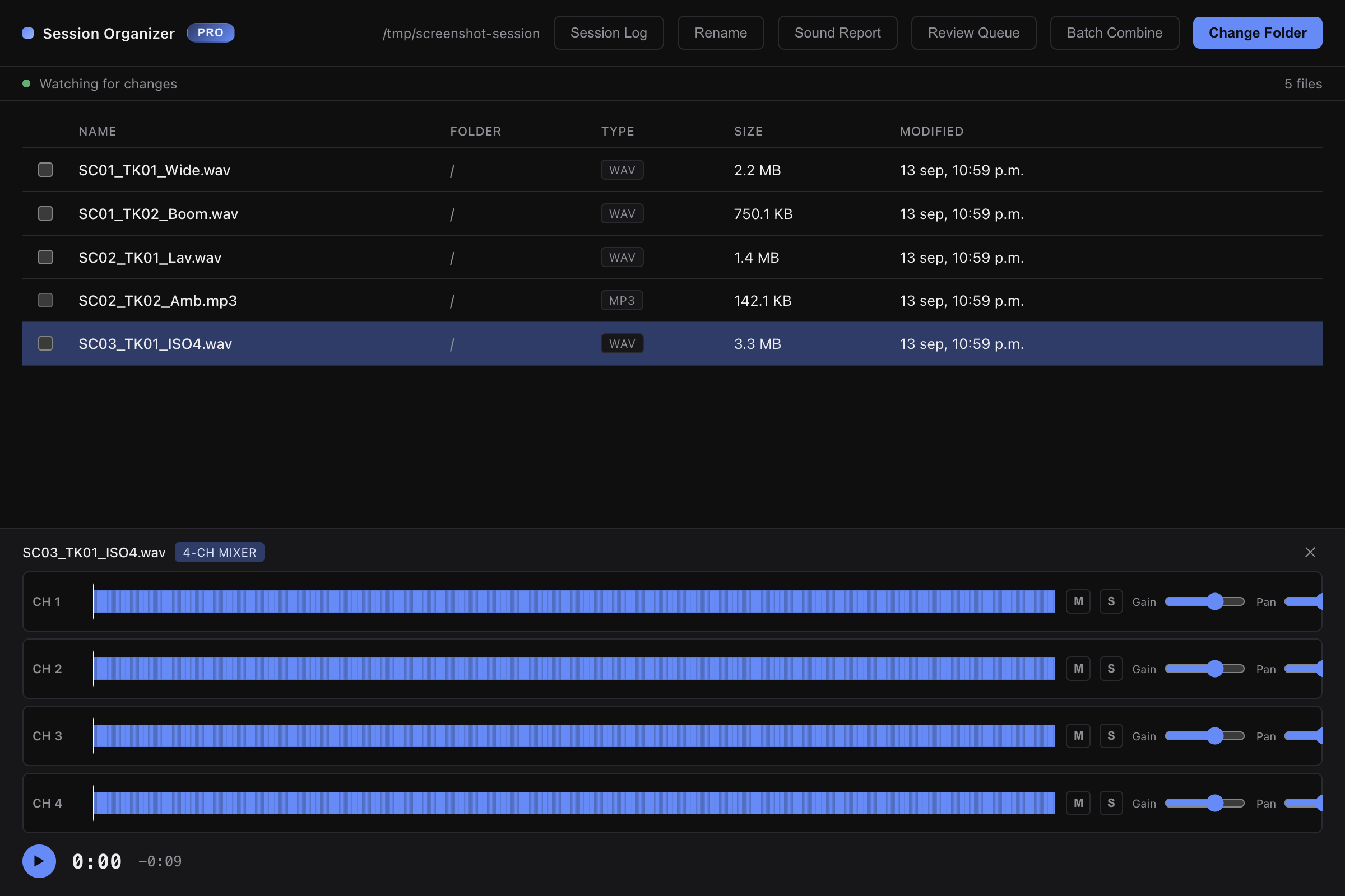 Wavebin showing a watched folder's file list and the multi-track mixer for a 4-channel ISO recording